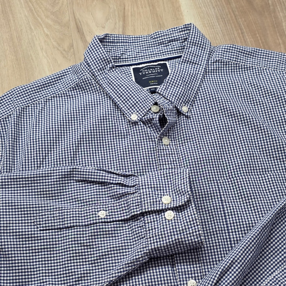 Charles Tyrwhitt Dress Shirt Slim Fit Non-Iron Gingham Check XXL Blue Mens XXL
